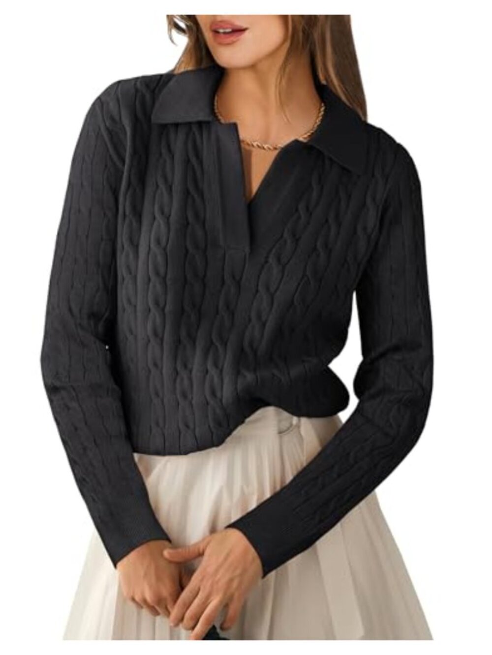 Women's Cable Knit V-Neck Long Sleeve Pullover Sweater for Fall